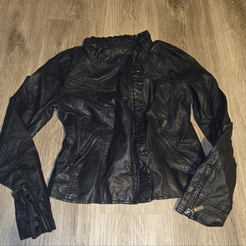 Jou Jou Kids Black Leather Jacket with Ruffle Detail